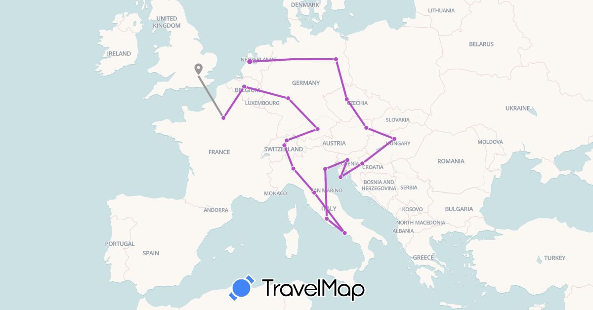 TravelMap itinerary: driving, plane, train in Austria, Belgium, Switzerland, Czech Republic, Germany, France, United Kingdom, Croatia, Hungary, Italy, Netherlands, Slovenia (Europe)